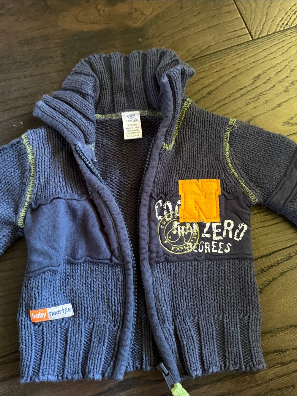 naartjie Navy Hooded Knit Baby Cardigan with Orange Patch